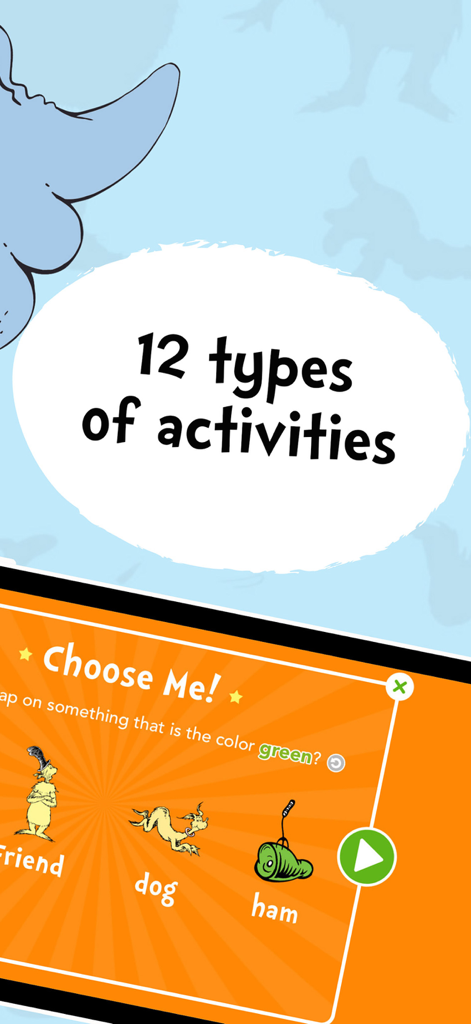 Dr Seuss Deluxe Books app featuring twelve types of educational activities like color recognition