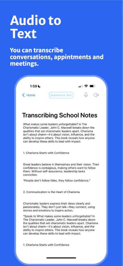 SpeechNotes · - A smartphone displaying the SpeechNotes app interface with a transcribed document titled Transcribing School Notes.