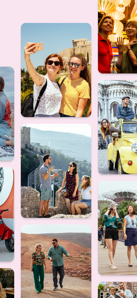 Collage de viajeros disfrutando de tours privados auténticos y experiencias locales en todo el mundo.