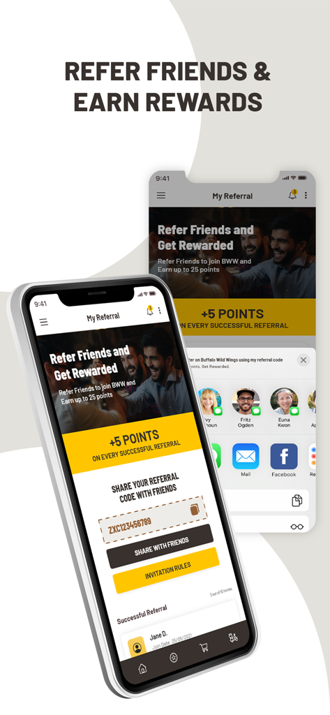 BWW International - 친구 추천 및 보상 포인트 적립을 위한 BWW International 앱 화면