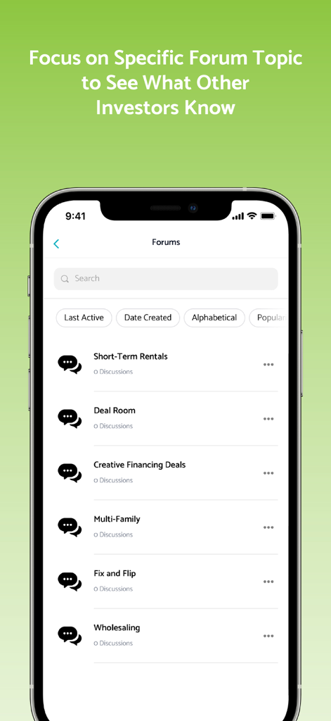 Real Estate Investor Connect app displaying various real estate investment forum categories like Short Term Rentals and Deal Room.