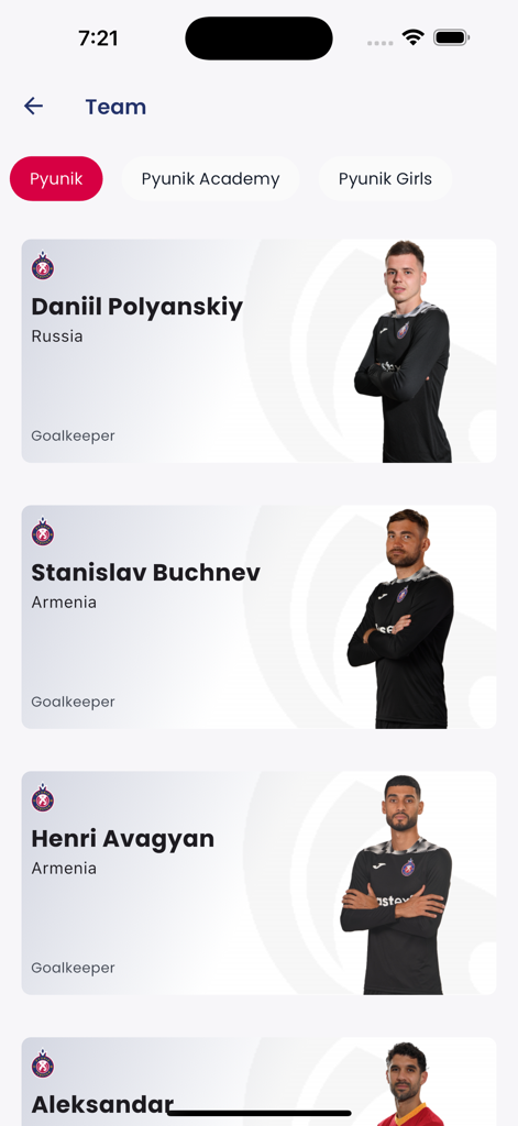 FC Pyunik - Screenshot of the FC Pyunik mobile app showing the team roster with player names and nationalities