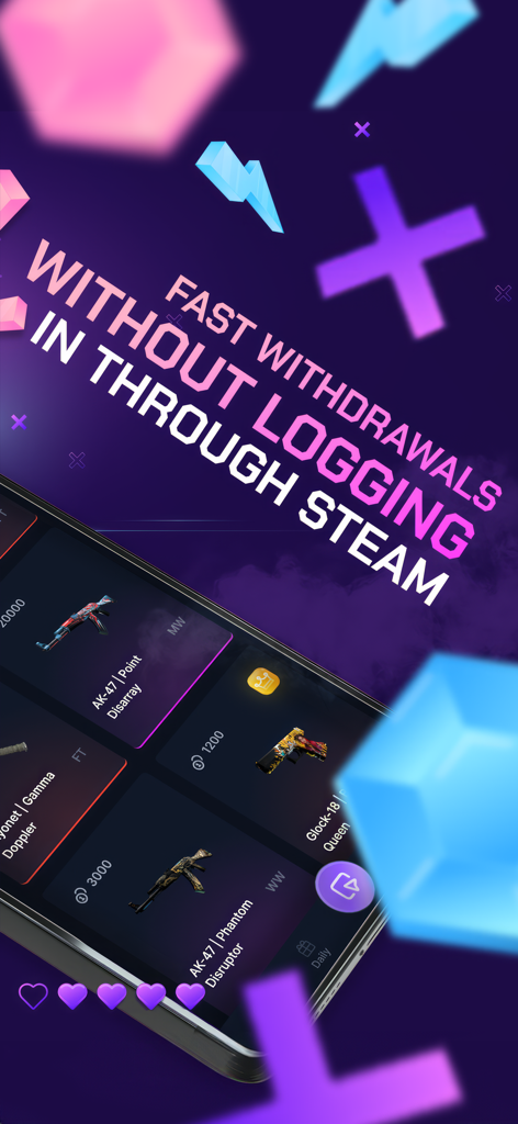 BWGG-CS2: Skins for CS2 - Interface de l'application BWGG-CS2 présentant des retraits rapides de skins sans connexion à Steam