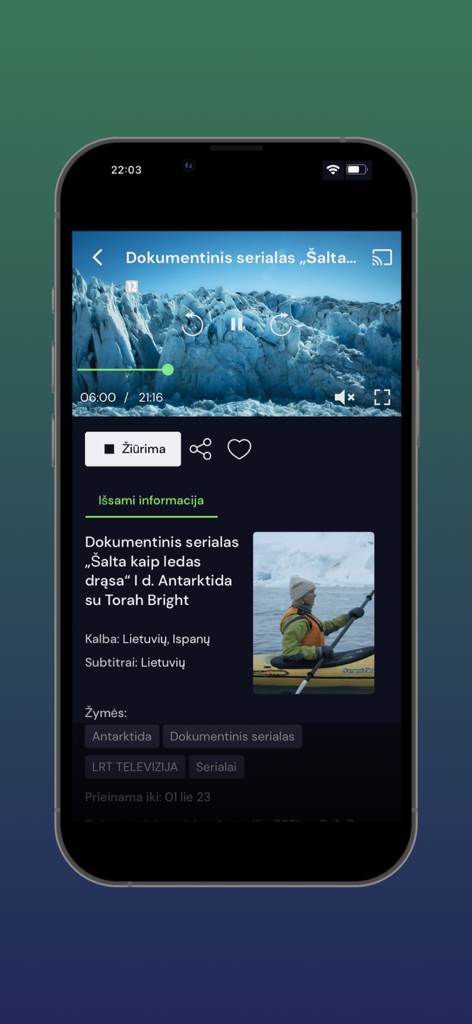 LRT Epika - LRT Epika app interface showing a documentary series in Lithuanian