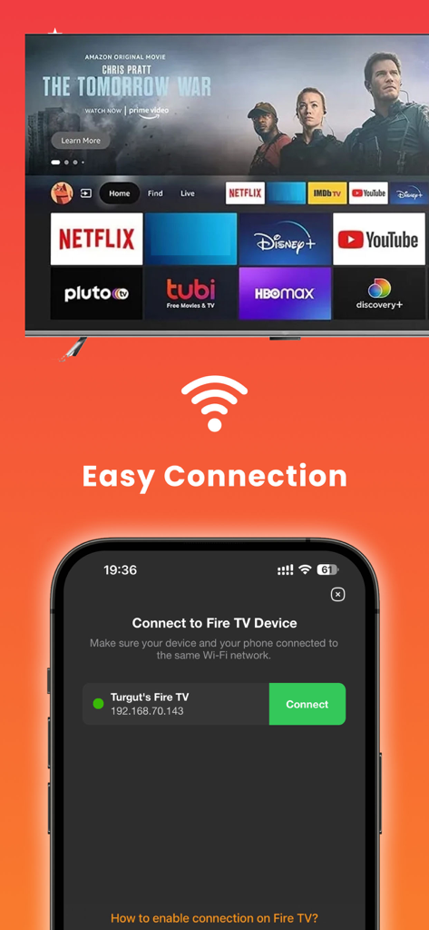 Uma tela de iPhone demonstrando a configuração fácil de conexão Wi-Fi para um aplicativo de controle remoto Fire TV.