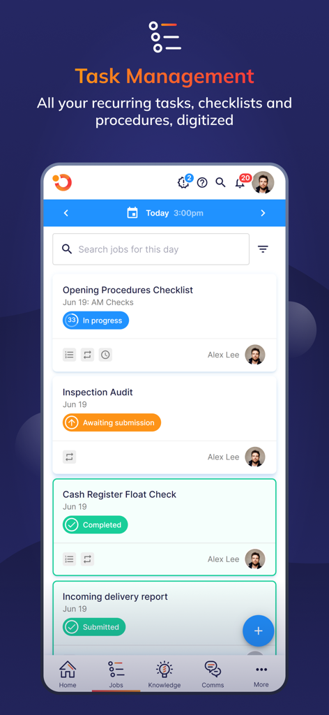 Operandio - A mobile screen showing the Operandio app task management dashboard with daily checklists and audit status updates