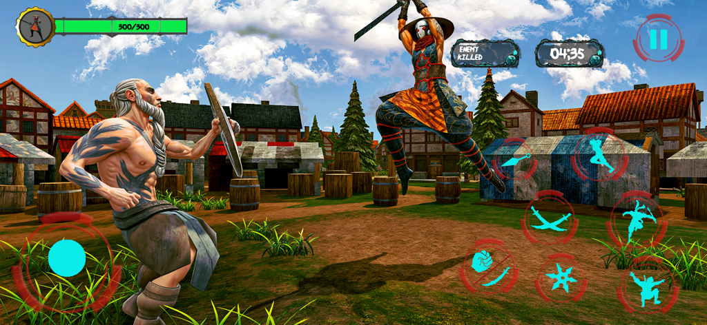 Shadow Ninja: Stealth Assassin - Shadow Ninja character leaping in combat against a warrior in a village.