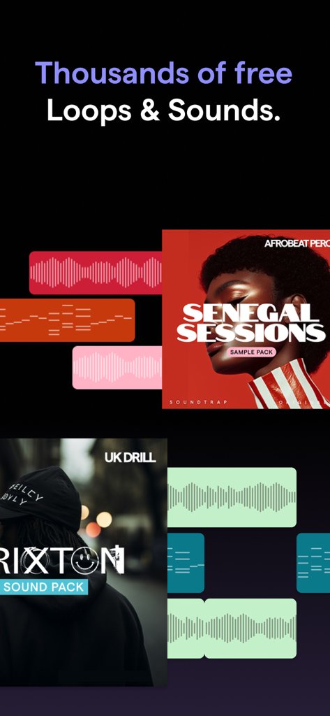 Soundtrap: Music Making Studio - Interfaz de la aplicación Soundtrap que muestra una biblioteca de bucles musicales y paquetes de muestras gratuitos, incluyendo Senegal Sessions y UK Drill.