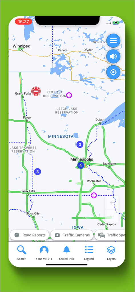 Minnesota 511 app map interface with real time road reports and incidents