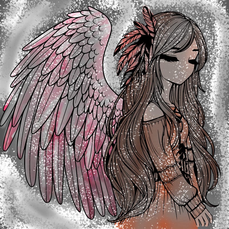 realistic girl with bird wings and some feathers in her hair