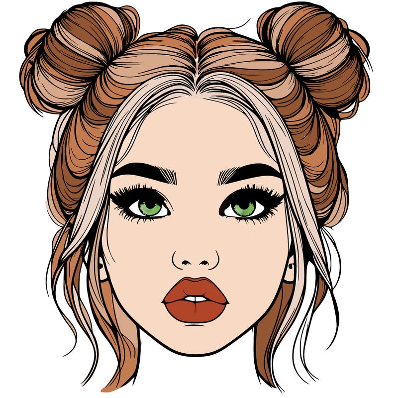 realistic girl with two buns on her hair and lips