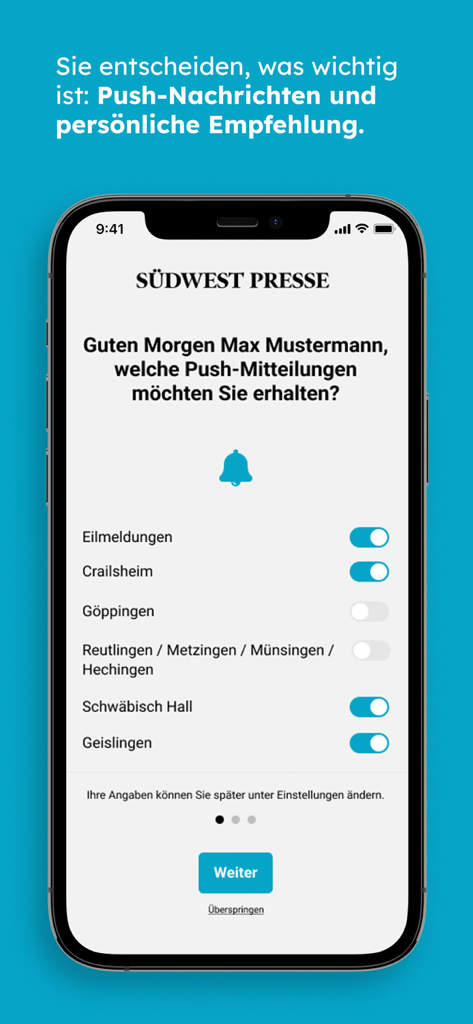 Suedwest Presse app notification settings screen for choosing regional news push alerts.