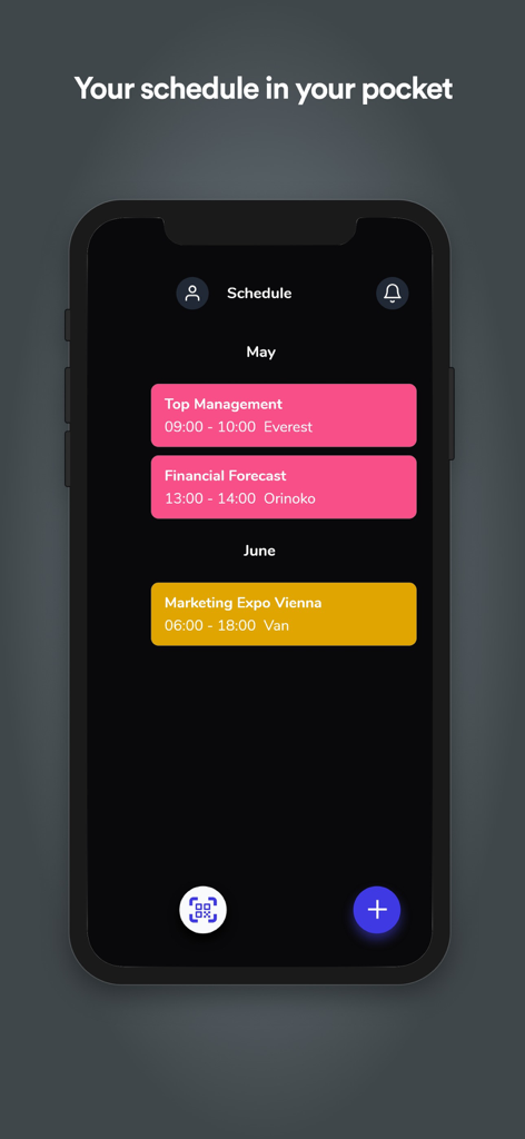 Whatspot - Whatspot app interface showing a list of scheduled meeting room bookings for May and June on a dark background.