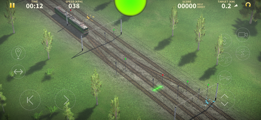 Electric Trains - Top down view of a train moving on tracks with railroad switches in a simulator