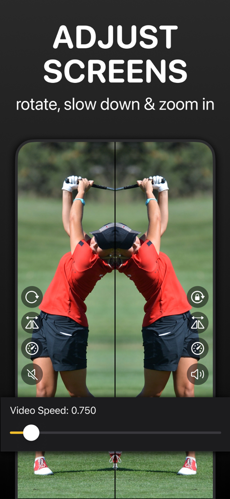 Side by side mirrored video analysis of a golfer swing with slow motion speed controls