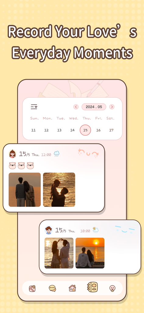 Sweetly-the world for couples - 커플의 사진과 달력 보기를 보여주는 Sweetly 앱의 디지털 스크랩북