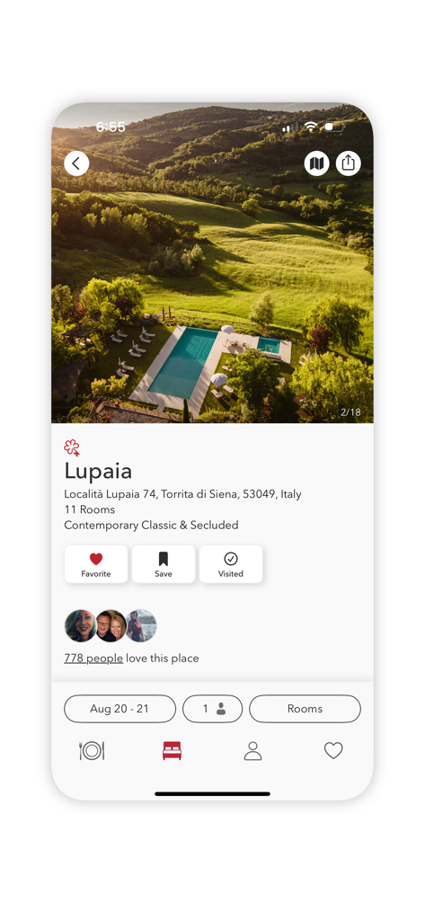 MICHELIN Guide app screen showing a luxury boutique hotel listing for Lupaia in Italy with a swimming pool overlooking a green valley