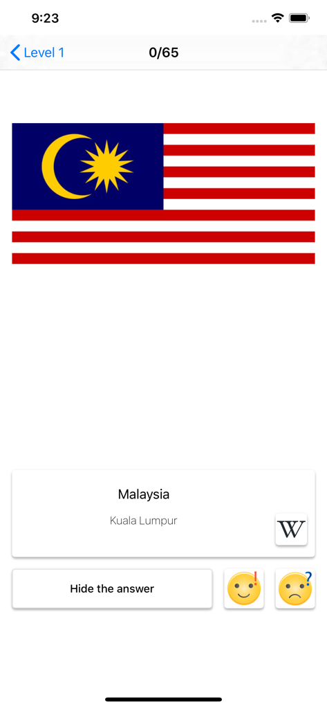 Flags of the world - Quiz - Geography quiz flashcard showing the Malaysia flag and capital city.
