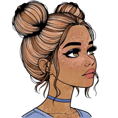 realistic girl with buns on the top of her head