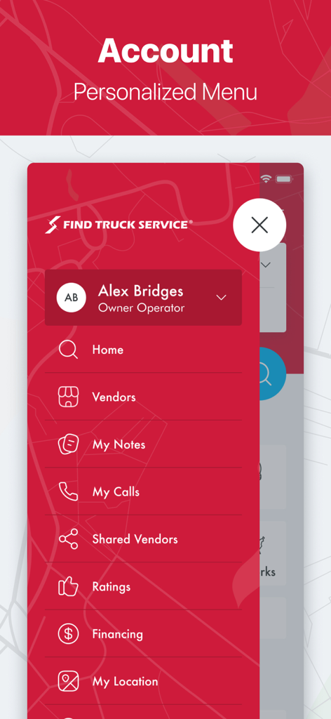 Find Truck Service® | Trucker - Mobile app screenshot showing the account settings and personalized menu for a truck owner operator.
