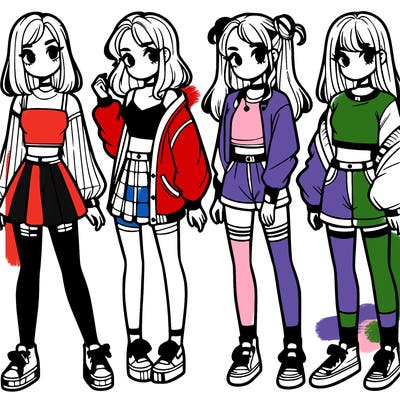 one girl with crop-top shirt and a jacket with a skirt, long socks and another girl with a shirt and pants with a jacket