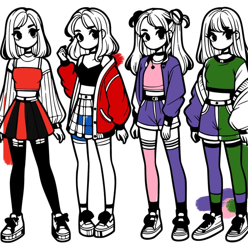 one girl with crop-top shirt and a jacket with a skirt, long socks and another girl with a shirt and pants with a jacket