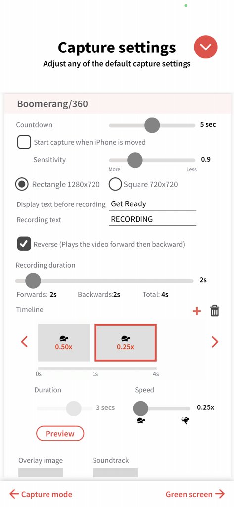 LumaBooth app interface for adjusting 360 video and boomerang capture settings including recording duration and slow motion speed.