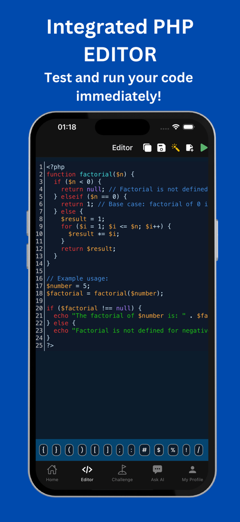 Learn PHP - PHP Editor/IDE - モバイルデバイス上の統合PHPエディタおよびIDEインターフェイス。