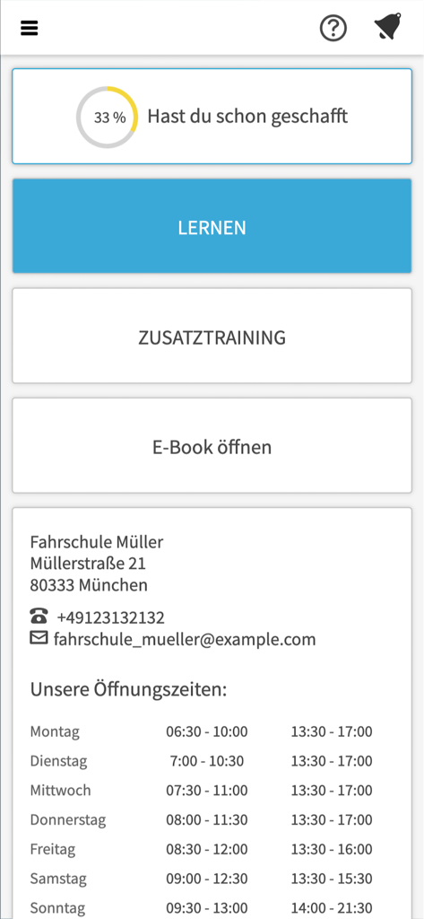 Fahrschulcard - Dashboard of the Fahrschulcard app showing learning progress and driving school contact information.