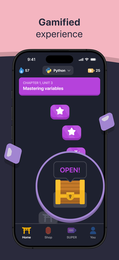 SideMe: Learn Coding - SideMe app screen displaying a gamified Python learning path with an unlockable reward chest