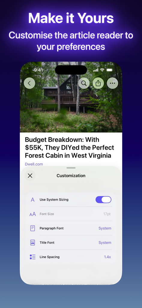Elytra - Elytra RSS reader interface showing article customization settings for font size and line spacing.