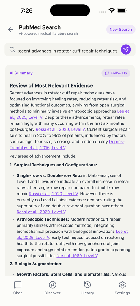Ortho AI - AIMD - Screenshot of Ortho AI app PubMed search interface showing an AI-generated summary of medical literature for rotator cuff repair with citations.