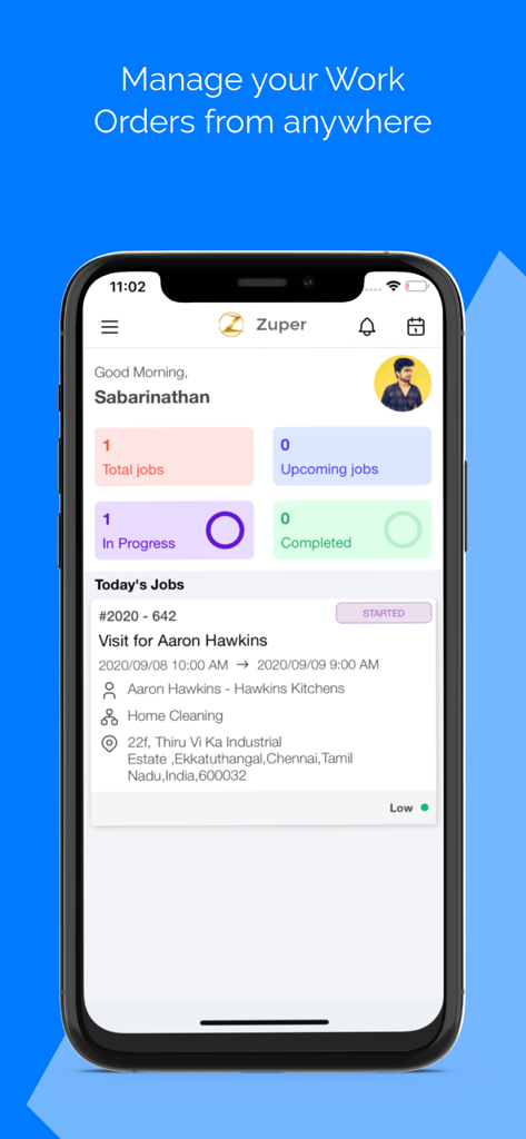 Zuper Pro - Zuper Pro mobile app dashboard showing work order status and scheduled jobs