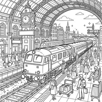 Step into the heart of travel with this wonderfully detailed train station coloring page. Discover a lively scene featuring arriving trains, busy platforms, and a charming clock tower, perfect for bringing to life with your favorite colors.