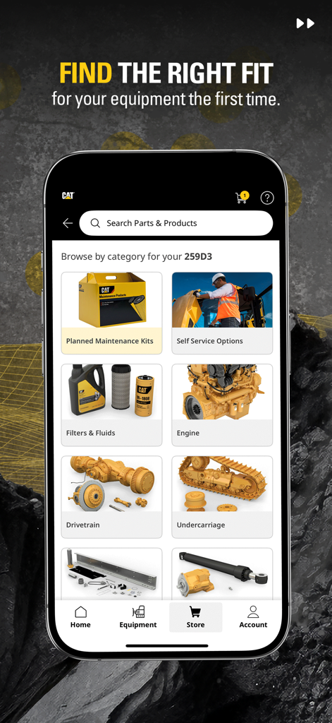 Cat® Central - Interface de l'application Cat Central montrant diverses catégories de pièces d'équipement lourd pour la maintenance et la réparation