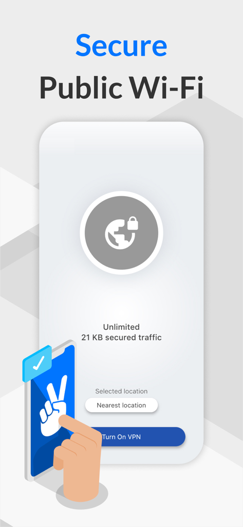 Interface de l'application AdBlock VPN montrant la fonction Wi-Fi public sécurisé avec un simple bouton d'activation d'un tap.