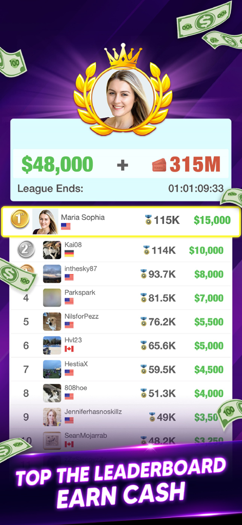 Una pantalla de tabla de clasificación en la aplicación Pool Clash que muestra a los mejores jugadores y sus premios en efectivo.