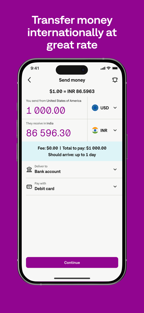 Skrill - Pay & Transfer Money - Interface de l'application mobile Skrill affichant le transfert d'argent international de dollars américains vers des roupies indiennes