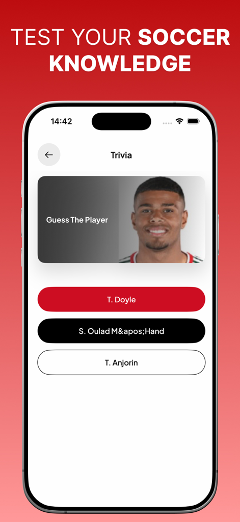 Yacine Live Score TV Player - Ein Fußballspieler-Ratespiel-Bildschirm in der Yacine Live Score Mobile App.