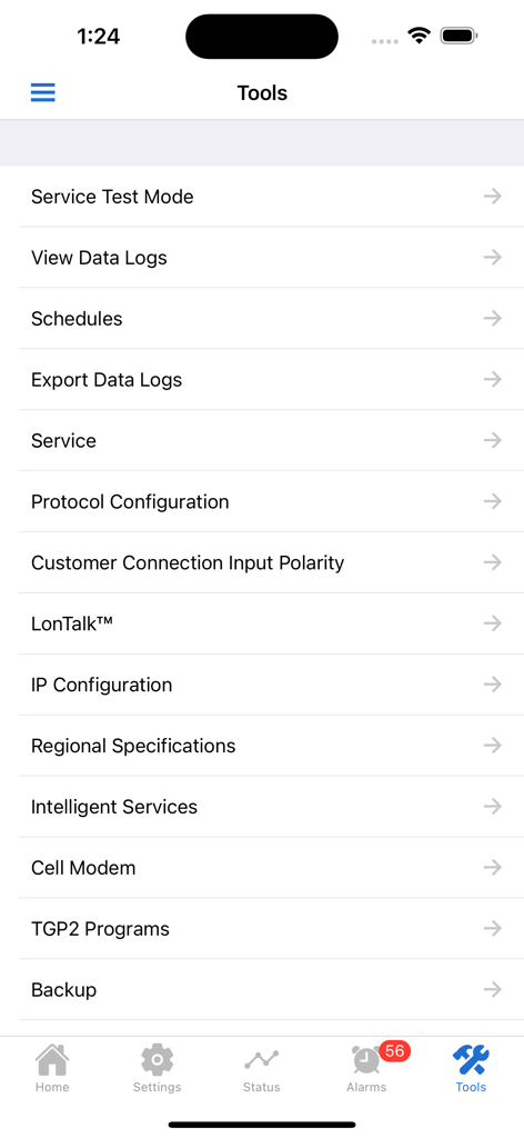 Symbio® Service & Installation - Tools menu of the Symbio Service and Installation app showing HVAC diagnostic and configuration options