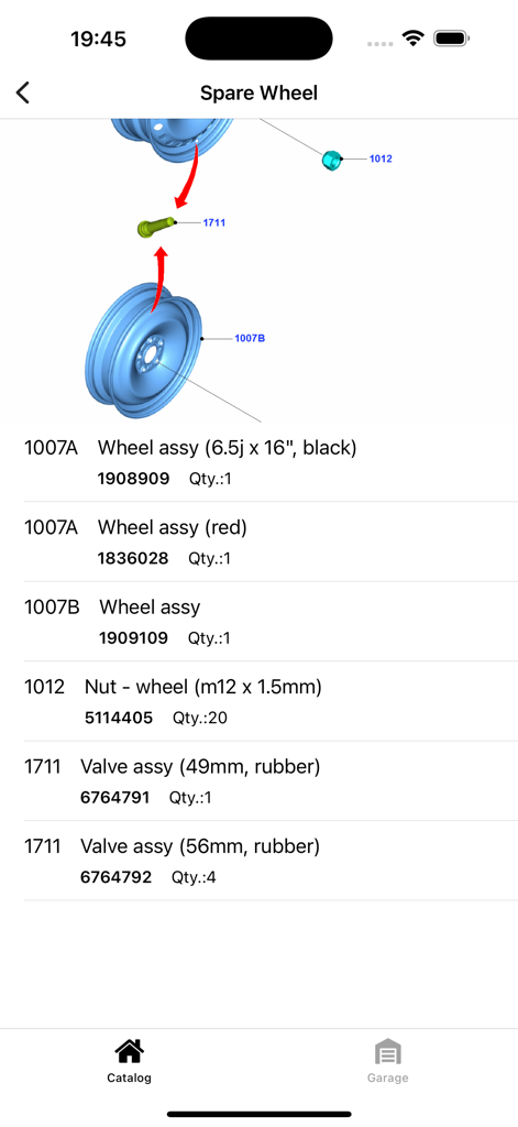 Diagrama de montaje de rueda de repuesto Ford que muestra números de pieza y descripciones