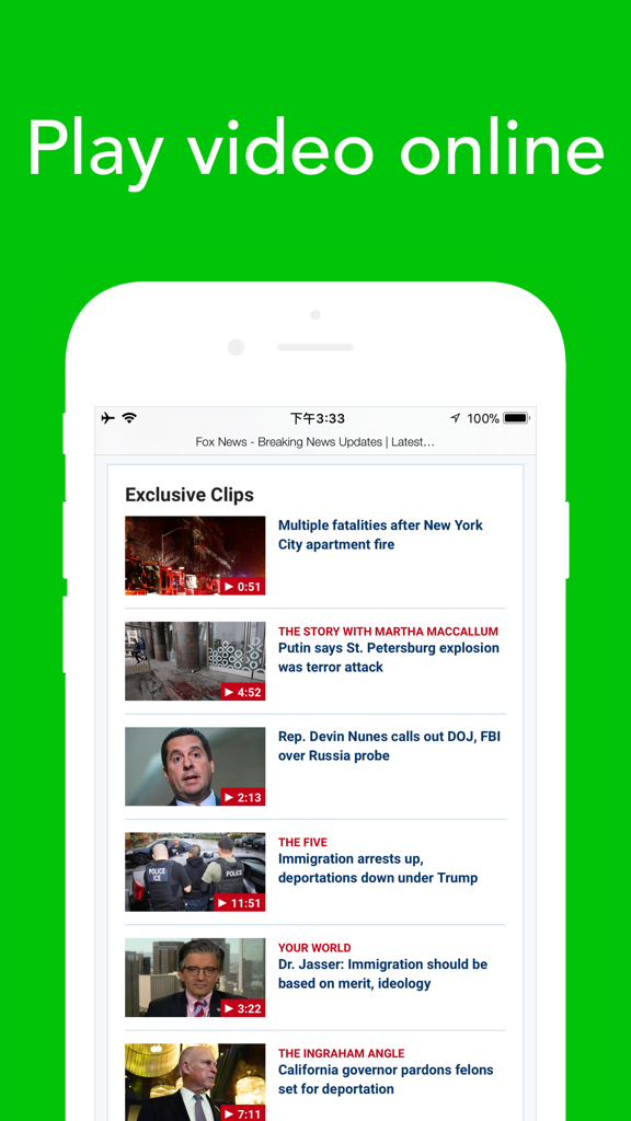 Interface do navegador Smart Search Secure exibindo uma lista de clipes de vídeo de notícias online em um dispositivo móvel.