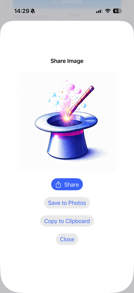 Image Play Studio - Sharing interface of Image Play Studio featuring an AI-generated magic hat illustration.