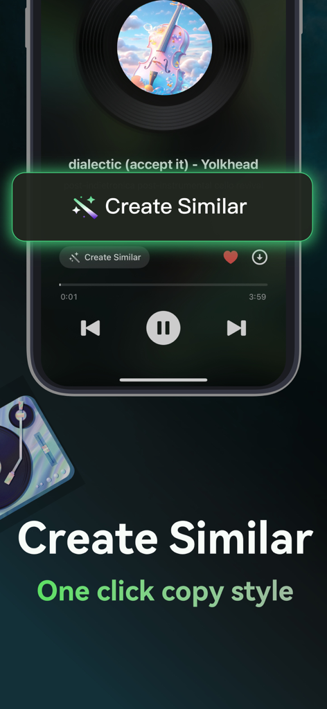 Songdio - AI Music Video Maker - Ein Screenshot der Songdio-App, der die Funktion „Ähnliche erstellen“ zeigt, um Musikstile mit einem Klick zu kopieren.