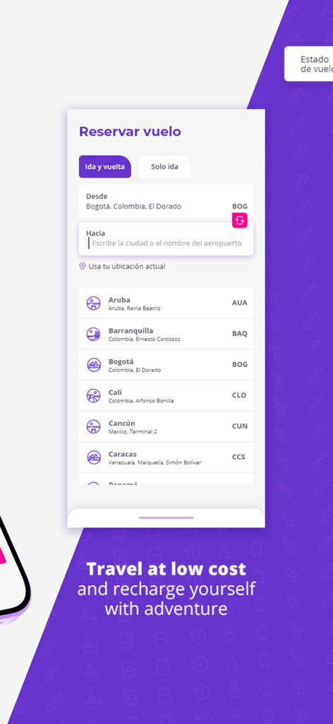 Wingo mobile app interface for booking round trip and one way flights to various Latin American destinations.