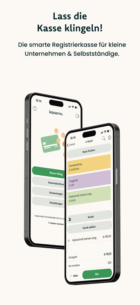 kassemo Registrierkasse - Zwei iPhones, die die kassemo POS-App-Oberfläche mit Verkaufskategorien für Dienstleistungen für Kleinunternehmen wie Hundetraining und Friseurdienstleistungen anzeigen