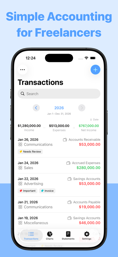 Small Business Accounting 2 - iPhone screen showing a list of business transactions and net income for freelancers