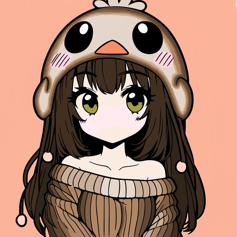anime girl with chick shaped hat with sweater with bare shoulders with bangs covering them one eye with low tail