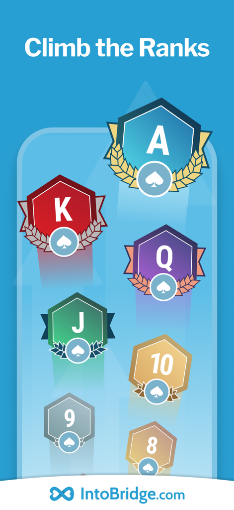 Pantalla de la aplicación IntoBridge que muestra insignias con temática de cartas para escalar rangos de jugadores de As a Ocho.