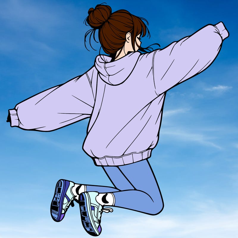 realistic girl jumping with a bun and oversized sweatshirt